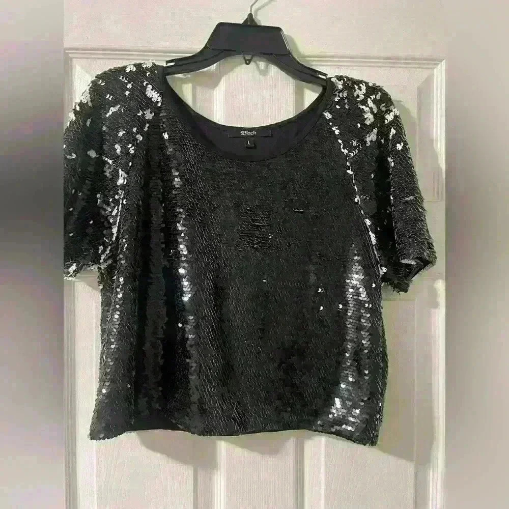 Black Sequins Blouse With Back Opening - Size L -A28